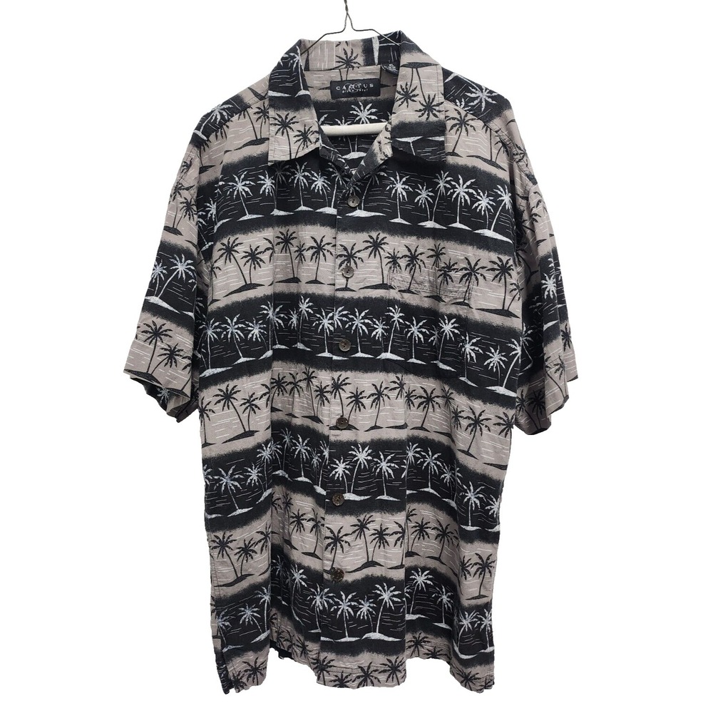 Cactus Black Label Mens Hawaiian Shirt XL Tan Black‎ Palm Print Short Sleeve